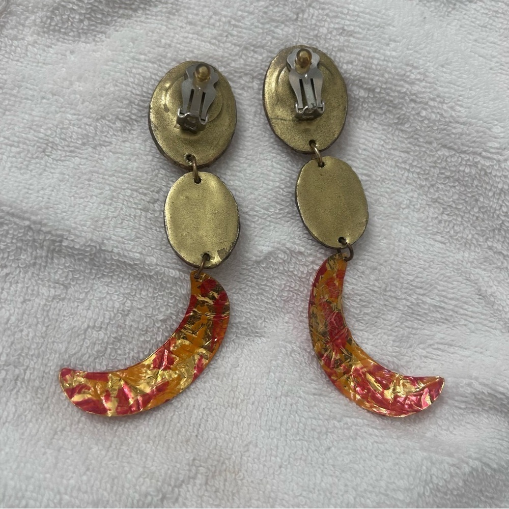 Iridescent Dangle Earrings with Gold and Red Accents - Picture 2 of 2